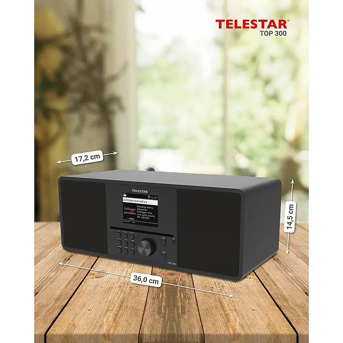 Telestar Internetradio Top 300 - L x B x H: 17,2 x 36 x 14,5 cm, Schwarz - Abgebildet ist ein graues Digitalradio Telestar Top 300 mit den Maßen 36,0 x 17,2 x 14,5 cm auf einem Holztisch.