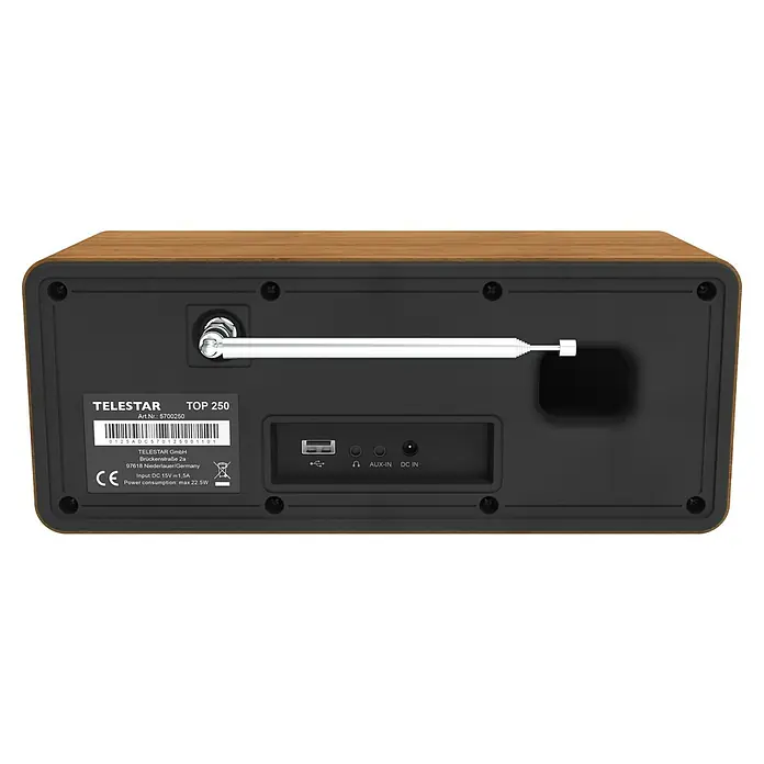 Telestar Internetradio Top 250 - L x B x H: 13 x 27,6 x 11,8 cm, Braun - Rückseite des TeleStar Top 250 Radios mit Antenne, Anschlüssen und technischen Informationen.