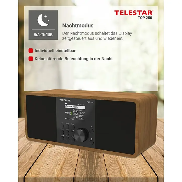 Telestar Internetradio Top 250 - L x B x H: 13 x 27,6 x 11,8 cm, Braun - Das Telestar Top 250 Digitalradio in Holzoptik bietet einen Nachtmodus, individuelle Einstellungen und störungsfreie Beleuchtung für entspanntes Musikhören.