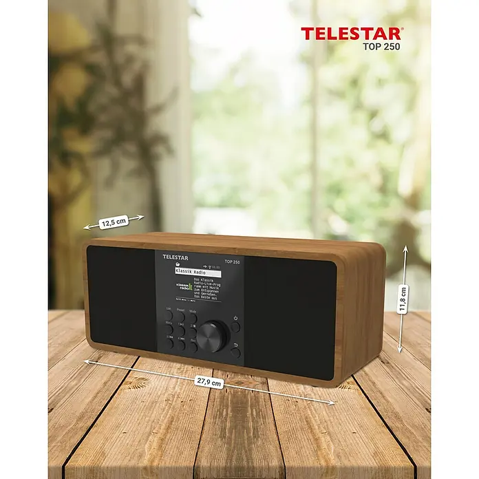 Telestar Internetradio Top 250 - L x B x H: 13 x 27,6 x 11,8 cm, Braun - Abbildung eines TeleStar TOP 250 Radios mit seinen Abmessungen auf einem Holztisch.