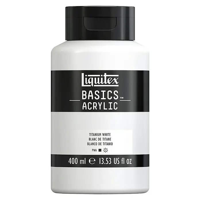 Liquitex Basics Acrylfarbe - Titanweiß, 400 ml - Produktabbildung einer 400ml Flasche Liquitex Basics Acrylfarbe in Titanweiß, ideal für Kunstprojekte und kreative Anwendungen.