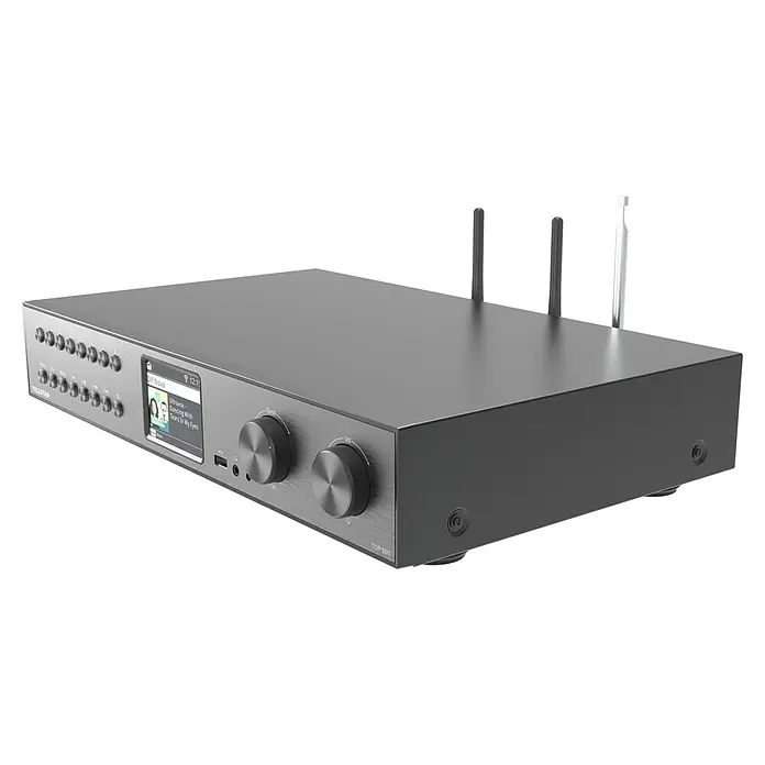 Telestar Internetradio TOP 500 - L x B x H: 25,8 x 43 x 8 cm, Schwarz - Nahaufnahme eines TeleStar TOP 500 Hi-Fi-Receivers. Elegantes Design mit Bedienelementen und Display für optimalen Musikgenuss.