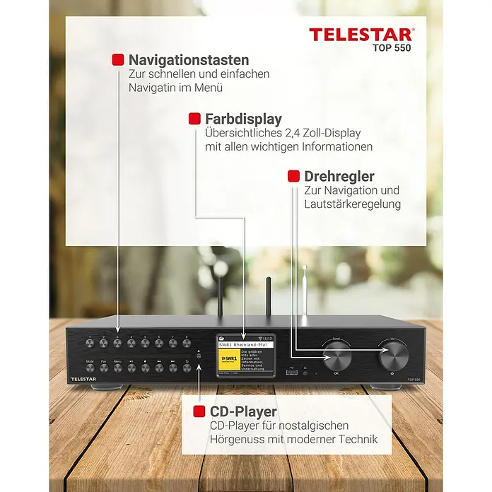 Telestar Internetradio TOP 550 - L x B x H: 28 x 43 x 8 cm, Schwarz - Produktansicht des Telestar TOP 550, einem Hi-Fi-Gerät mit CD-Player, Navigationstasten und Farbdisplay für nostalgischen Hörgenuss.