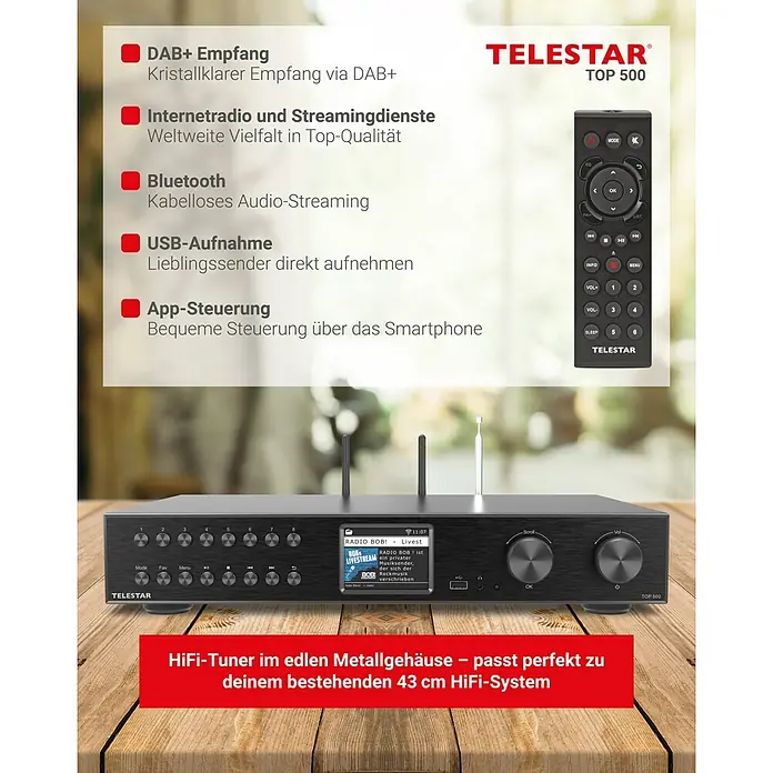 Telestar Internetradio TOP 500 - L x B x H: 25,8 x 43 x 8 cm, Schwarz - Produktabbildung des HiFi-Tuners TELESTAR TOP 500, ein elegantes Gerät im Metallgehäuse für ein optimales HiFi-Erlebnis.