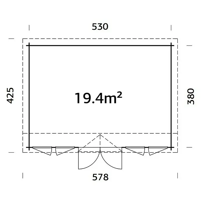 Palmako Gartenhaus Claudia Pent - Außenmaß inkl. Dachüberstand (B x T): 578 x 425 cm, Unbehandeltes Holz, Natur - Grundrisszeichnung eines Gartenhauses mit Maßangaben und einer Fläche von 19.4m², ideal für den Garten.
