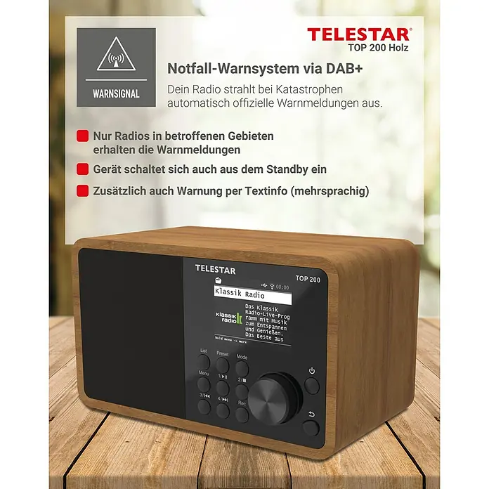 Telestar Internetradio Top 200 - L x B x H: 13 x 19,1 x 11,8 cm, Braun - Abbildung des Telestar TOP 200 Holz Radios mit Notfall-Warnsystem via DAB+, das im Notfall automatisch offizielle Warnmeldungen empfängt.