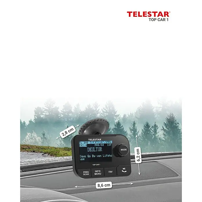 Telestar Adapter TOP CAR 1 zur Nachrüstung mit Bluetooth-Streaming und Freisprechfunktion - L x B x H: 2,9 x 8,6 x 6,2 cm - Produktbild des TeleStar Top Car 1, einem digitalen Autoradio-Adapter mit den Maßen 2,8 cm x 8,6 cm x 6,2 cm.