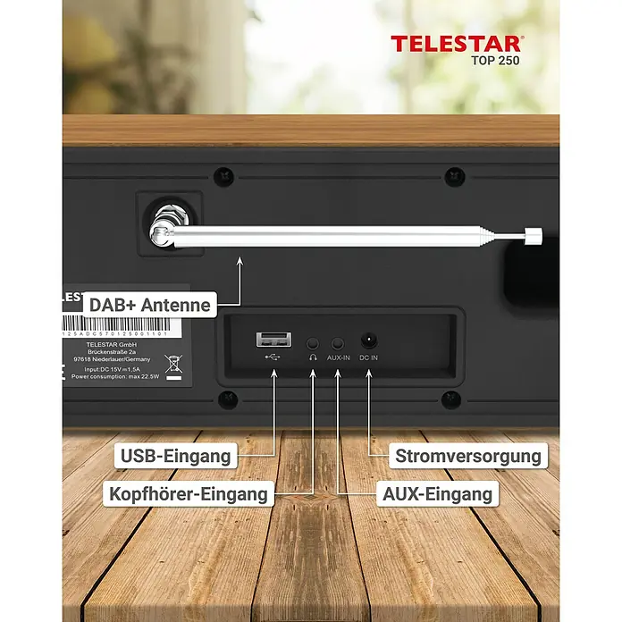 Telestar Internetradio Top 250 - L x B x H: 13 x 27,6 x 11,8 cm, Braun - Rückansicht des Telestar TOP 250 Radios mit Beschriftungen für Anschlüsse wie USB, Kopfhörer, AUX und Stromversorgung.