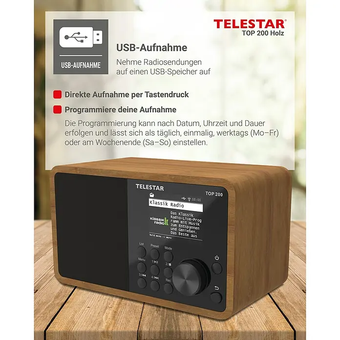 Telestar Internetradio Top 200 - L x B x H: 13 x 19,1 x 11,8 cm, Braun - Das Telestar TOP 200 Holz ist ein elegantes Radio mit USB-Aufnahmefunktion, direkter Aufnahme per Tastendruck und programmierbarer Aufnahme.
