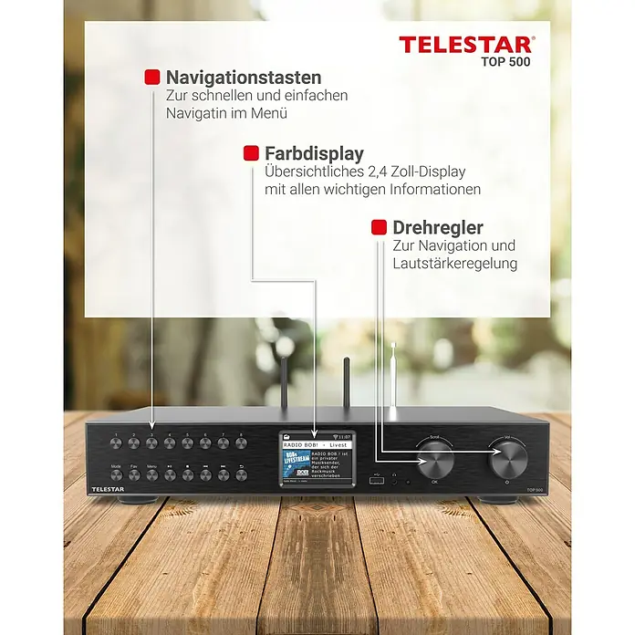 Telestar Internetradio TOP 500 - L x B x H: 25,8 x 43 x 8 cm, Schwarz - Telestar TOP 500: Das vielseitige Digitalradio mit Navigationstasten, Farbdisplay und Drehregler für ein optimales Klangerlebnis.