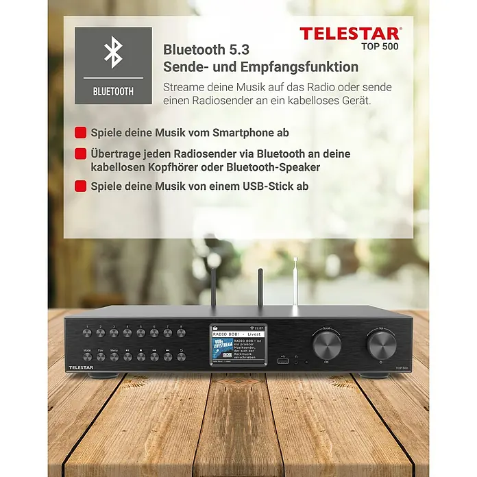 Telestar Internetradio TOP 500 - L x B x H: 25,8 x 43 x 8 cm, Schwarz - Abbildung eines TeleStar TOP 500 Radios mit Bluetooth 5.3 Funktion zum Abspielen von Musik von verschiedenen Quellen.
