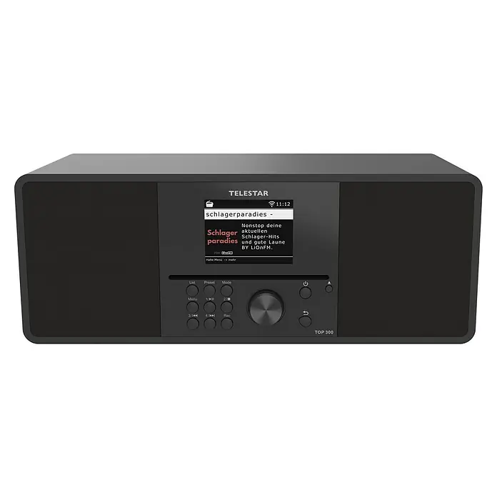 Telestar Internetradio Top 300 - L x B x H: 17,2 x 36 x 14,5 cm, Schwarz - Produktansicht des TeleStar TOP 300 Radios. Das Radio ist schwarz und hat ein Display, das Informationen anzeigt, mit Knöpfen für die Bedienung.