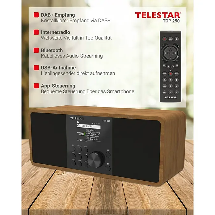Telestar Internetradio Top 250 - L x B x H: 13 x 27,6 x 11,8 cm, Braun - Das Telestar Top 250 ist ein modernes Digitalradio mit DAB+, Internetradio, Bluetooth, USB-Aufnahme und App-Steuerung. Inklusive Fernbedienung.