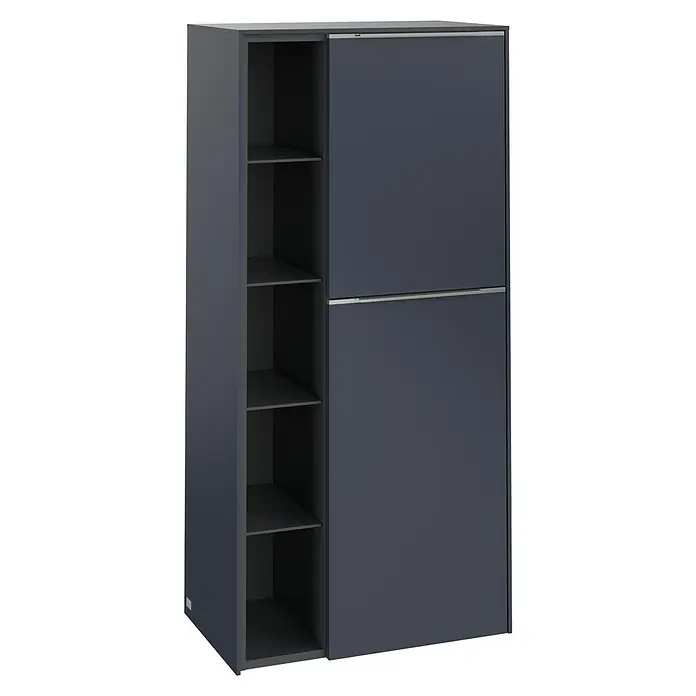 Villeroy & Boch Subway 3.0 Seitenschrank - B x T x H: 57,4 x 36,2 x 120 cm, Marine Blue, DIN Anschlag: Rechts, Farbe Griff: Aluminium glänzend - Grauer Garderobenschrank mit Regalen und Schiebetüren für eine platzsparende Aufbewahrung von Kleidung und Schuhen.