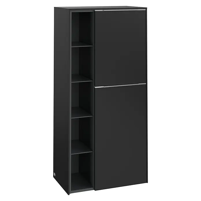Villeroy & Boch Subway 3.0 Seitenschrank - B x T x H: 57,4 x 36,2 x 120 cm, Volcano Black, DIN Anschlag: Rechts, Farbe Griff: Aluminium glänzend - Dunkler Schiebetürenschrank mit offenen Regalen bietet praktischen Stauraum und modernes Design für jeden Raum.
