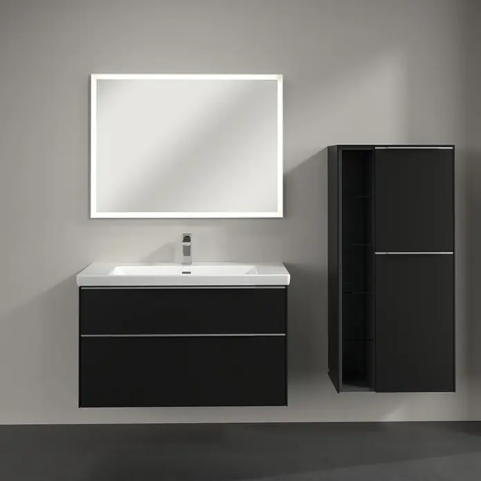 Villeroy & Boch Subway 3.0 Seitenschrank - B x T x H: 57,4 x 36,2 x 120 cm, Volcano Black, DIN Anschlag: Rechts, Farbe Griff: Aluminium glänzend - Elegantes Badezimmer-Set mit schwarzem Waschtischunterschrank, Waschbecken, beleuchtetem Spiegel und Hochschrank für ein modernes Ambiente.