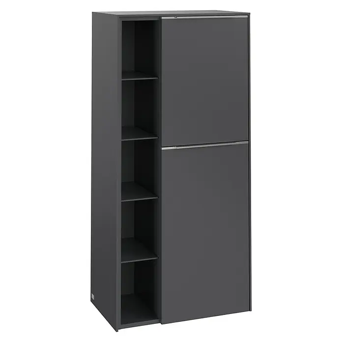 Villeroy & Boch Subway 3.0 Seitenschrank - B x T x H: 57,4 x 36,2 x 120 cm, Graphite, DIN Anschlag: Rechts, Farbe Griff: Aluminium glänzend - Grauer Kleiderschrank mit Schiebetüren und offenen Regalen zur Aufbewahrung von Kleidung und Gegenständen.