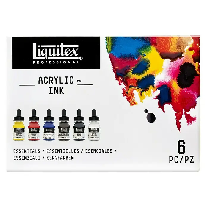 Liquitex Professional Zeichentinten-Set Essentials - Farbig sortiert, 6 Stk. x 30 ml, Flasche - Liquitex Professional Acrylfarben-Set mit 6 Farben. Ideal für Künstler und Hobbyanwender, die hochwertige Farben für ihre Kunstprojekte suchen.