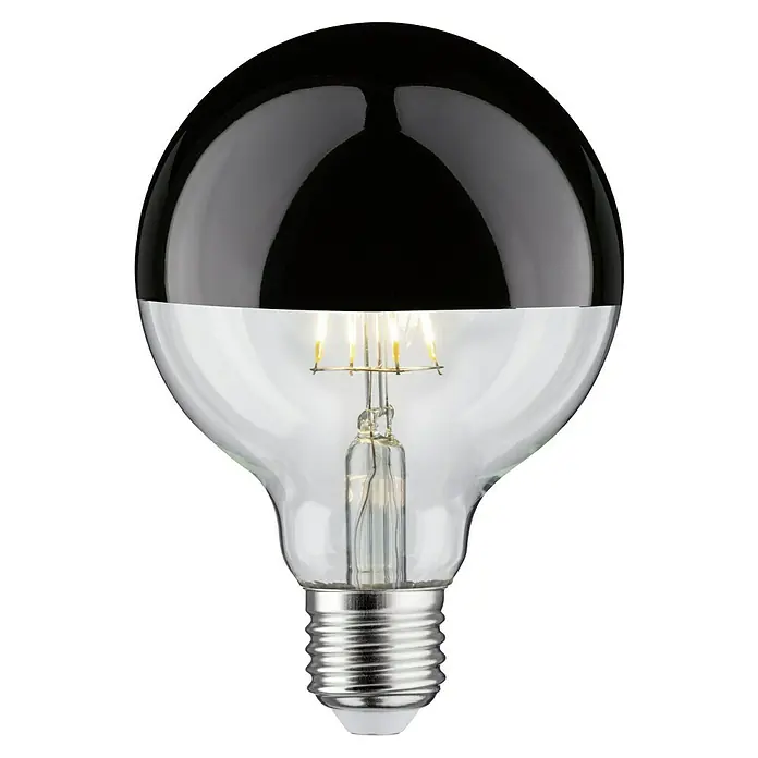 Paulmann LED-Lampe Vintage Globe-Form E27 G95 - E27, Dimmbar, Warmweiß, 600 lm, 6,5 W, Farbe: Klar, Schwarz, Glänzend - Nahaufnahme einer dekorativen Glühbirne mit schwarzer Kappe und klarem Glaskörper, die ein warmes Licht ausstrahlt. Ideal für stimmungsvolle Beleuchtung.