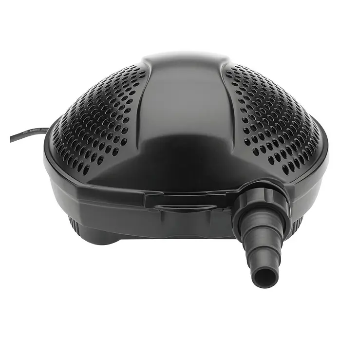 Pontec Bachlaufpumpe PondoMax Eco 14000 - 140 W, Fördermenge pro Std.: 13.400 l - Nahaufnahme einer schwarzen Teichpumpe mit perforierter Abdeckung und Anschlussstück, ideal für Gartenteiche und Wasserspiele.