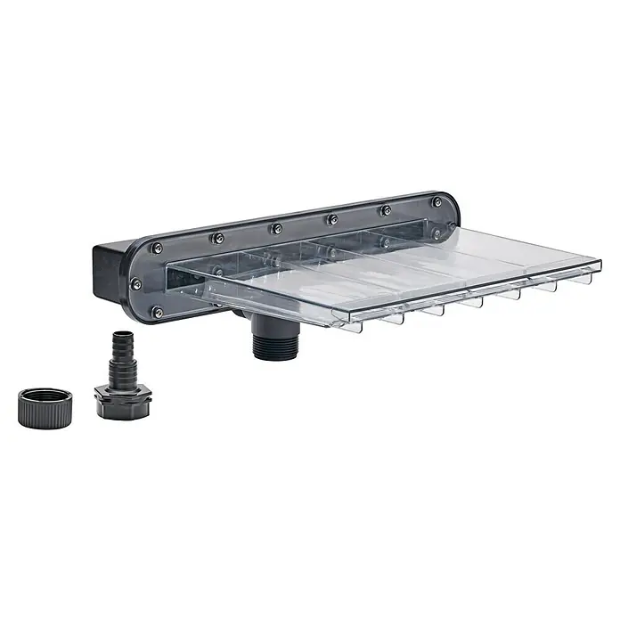 Pontec Einbau-Wasserfall PondoFall LED - Kunststoff, Anzahl LED: 24 Stk., Warmweiß - Das Bild zeigt einen Wasservorhang aus grauem Kunststoff mit einem klaren Acrylglasfenster und verschiedenen Anschlussstücken.