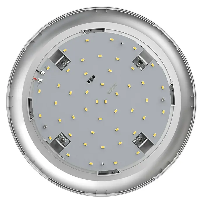 Steinel LED-Außendeckenleuchte DL Vario Quattro S WW weiß - 9,8 W, L x B x H: 31 x 31 x 6,9 cm, Weiß, IP54 - Innenansicht einer runden LED-Deckenleuchte mit sichtbaren LED-Chips und elektronischen Komponenten.