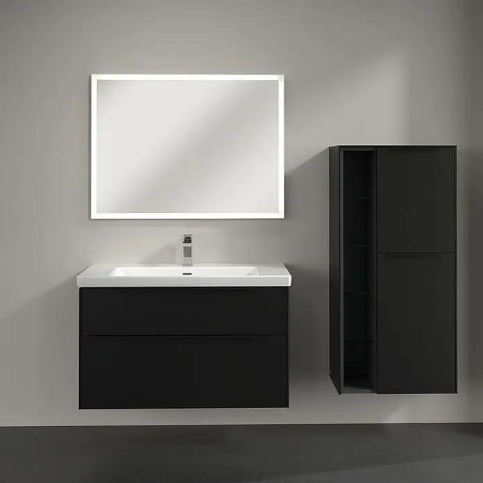 Villeroy & Boch Subway 3.0 Seitenschrank - B x T x H: 57,4 x 36,2 x 120 cm, Volcano Black, DIN Anschlag: Rechts, Farbe Griff: Volcano Black - Modernes Badezimmer-Set mit schwarzem Waschtischunterschrank, Spiegel mit Beleuchtung und passendem Hochschrank für stilvolle Badgestaltung.