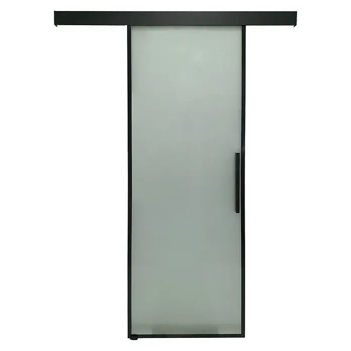 Futurbath Puerta corredera de vidrio Factory - 75 x 215 cm, Vidrio templado - Elegante puerta corredera con vidrio esmerilado y marco negro. Ideal para interiores modernos, ofreciendo privacidad y estilo.