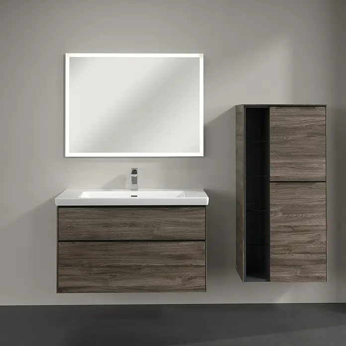 Villeroy & Boch Subway 3.0 Seitenschrank - B x T x H: 57,4 x 36,2 x 120 cm, Stone Oak, DIN Anschlag: Rechts, Farbe Griff: Volcano Black - Badezimmermöbel-Set mit Waschbeckenunterschrank, Spiegelschrank und Hängeschrank in Holzoptik für ein modernes Ambiente.