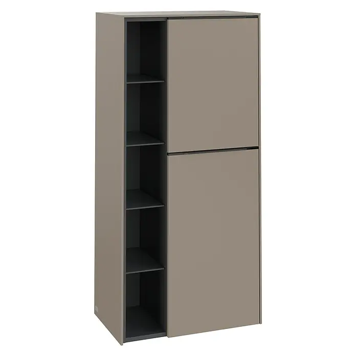 Villeroy & Boch Subway 3.0 Seitenschrank - B x T x H: 57,4 x 36,2 x 120 cm, Taupe, DIN Anschlag: Rechts, Farbe Griff: Monochrom - Ein stilvoller Hochschrank in Taupe mit offenen Regalen und zwei Schiebetüren, ideal für moderne Wohnräume.