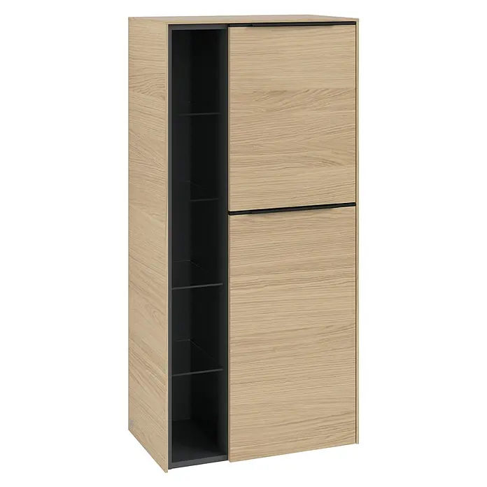 Villeroy & Boch Subway 3.0 Seitenschrank - B x T x H: 57,4 x 36,2 x 120 cm, Nordik Oak, DIN Anschlag: Rechts, Farbe Griff: Volcano Black - Holzfarbener Schrank mit offenen Regalen und Schiebetüren, ideal für stilvolle Aufbewahrung.