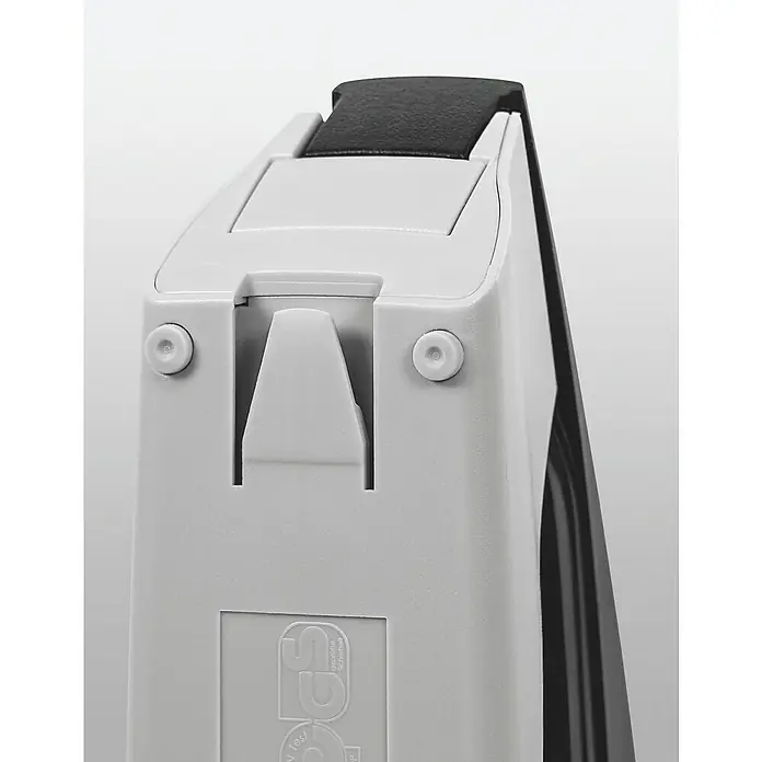 Leitz Heftgerät New NeXXt - L x B x H: 121 x 35 x 51 mm - Nahaufnahme eines weißen Tackergeräts mit schwarzem Griff und zwei Schrauben an der Vorderseite. Perfekt für Büro und Heimgebrauch.