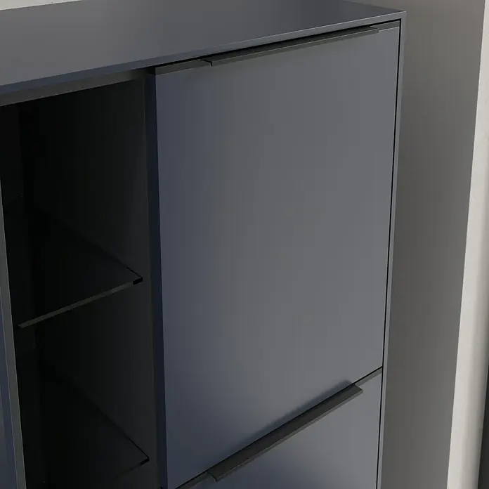 Villeroy & Boch Subway 3.0 Seitenschrank - B x T x H: 57,4 x 36,2 x 120 cm, Marine Blue, DIN Anschlag: Rechts, Farbe Griff: Volcano Black - Elegantes graues Schuhschrank-Design mit minimalistischen Griffen und offenen Regalen für eine stilvolle Aufbewahrung.
