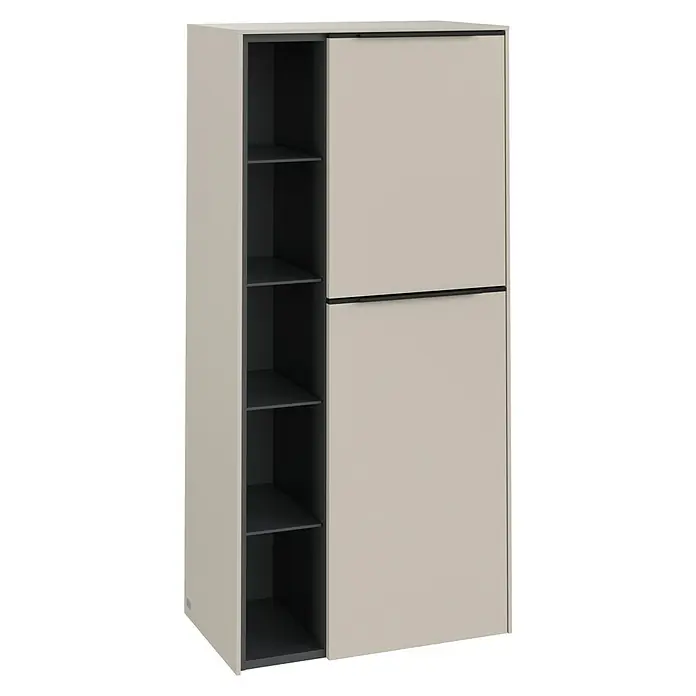 Villeroy & Boch Subway 3.0 Seitenschrank - B x T x H: 57,4 x 36,2 x 120 cm, Cashmere Grey, DIN Anschlag: Rechts, Farbe Griff: Volcano Black - Ein moderner Schuhschrank mit Schiebetüren und offenen Regalen, ideal für stilvolle Aufbewahrung und Organisation im Eingangsbereich.