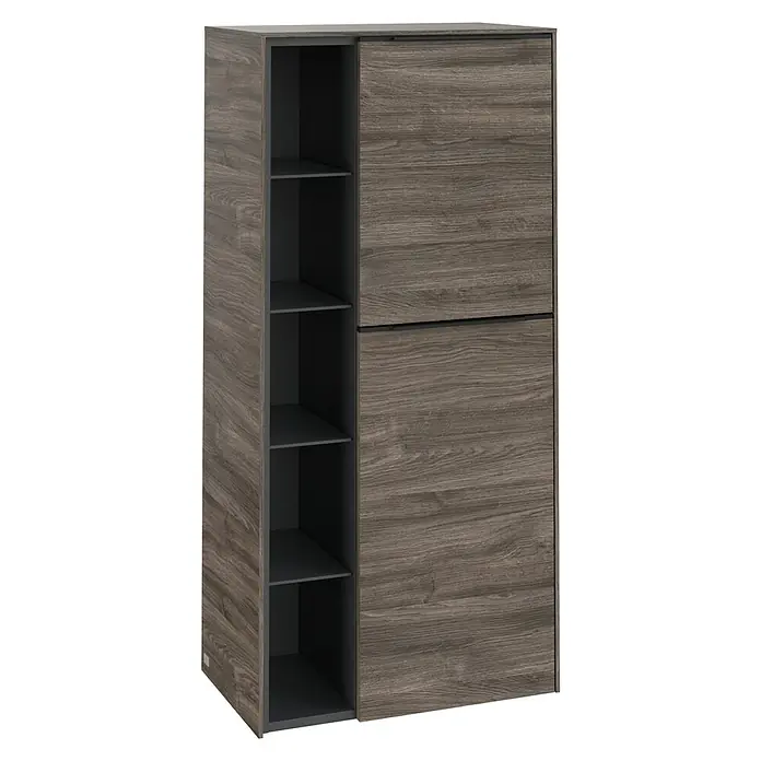 Villeroy & Boch Subway 3.0 Seitenschrank - B x T x H: 57,4 x 36,2 x 120 cm, Stone Oak, DIN Anschlag: Rechts, Farbe Griff: Volcano Black - Ein moderner Schuhschrank in Holzoptik mit Schiebetüren und offenen Regalen, ideal für die Aufbewahrung von Schuhen und Accessoires.