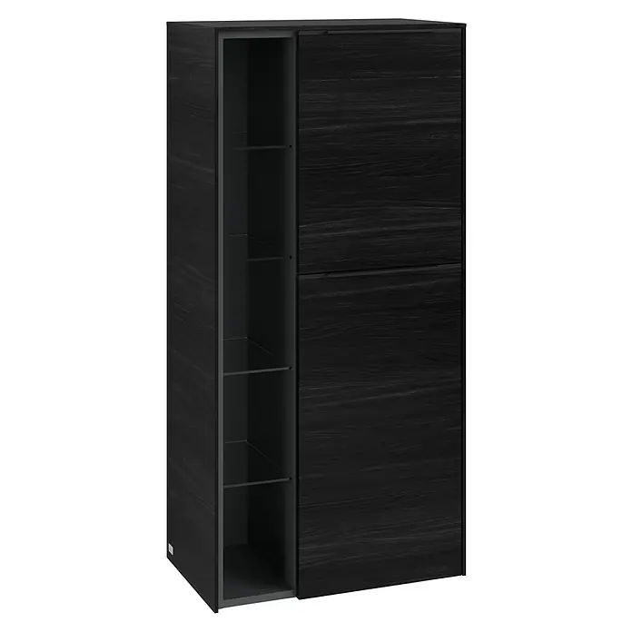 Villeroy & Boch Subway 3.0 Seitenschrank - B x T x H: 57,4 x 36,2 x 120 cm, Black Oak, DIN Anschlag: Rechts, Farbe Griff: Volcano Black - Elegantes Sideboard in dunkler Holzoptik mit Glasböden auf der linken Seite und geschlossenen Schubladen rechts.