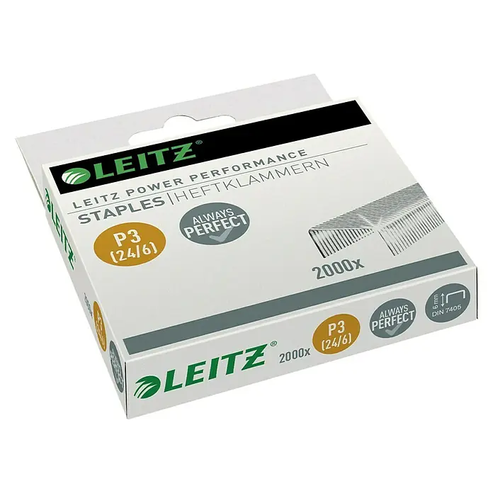 Leitz Heftklammer Power Performance P3 24/6 - Passend für: Leitz Heftgerät New NeXXt, 2.000 Stk. - Eine Packung Leitz P3 (24/6) Heftklammern mit der Aufschrift "Always Perfect" und dem Hinweis auf 2000 Stück.