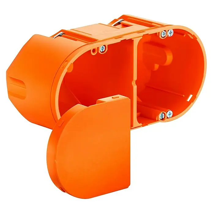 Kaiser Hohlwand-Schalterdose - Hohlwand, Orange, Höhe: 75 mm - Nahaufnahme einer orangefarbenen, geteilten Wandauslassdose mit sichtbaren Schrauben zur Befestigung und einer Abdeckung.