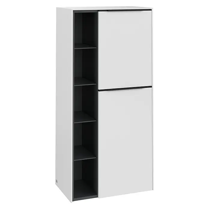 Villeroy & Boch Subway 3.0 Seitenschrank - B x T x H: 57,4 x 36,2 x 120 cm, Pure White, DIN Anschlag: Rechts, Farbe Griff: Volcano Black - Modernes Schuhregal mit Ablagefächern und Schiebetüren in Weiß/Anthrazit für eine stilvolle Aufbewahrungslösung.