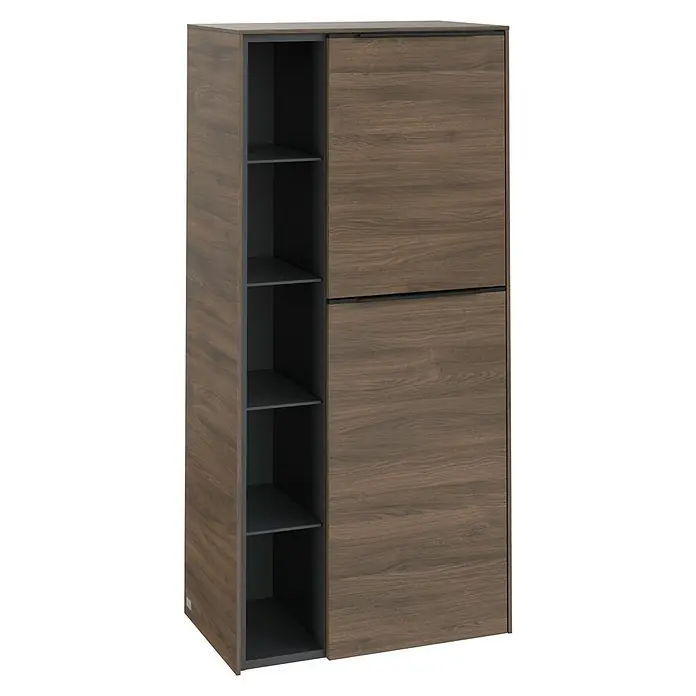 Villeroy & Boch Subway 3.0 Seitenschrank - B x T x H: 57,4 x 36,2 x 120 cm, Arizona Oak, DIN Anschlag: Rechts, Farbe Griff: Volcano Black - Ein moderner Schuhschrank mit offenem Regal und zwei Schiebetüren in Holzoptik. Praktische Aufbewahrung für den Flur oder Eingangsbereich.