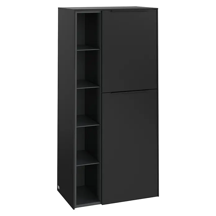 Villeroy & Boch Subway 3.0 Seitenschrank - B x T x H: 57,4 x 36,2 x 120 cm, Volcano Black, DIN Anschlag: Rechts, Farbe Griff: Volcano Black - Ein modernes, schwarzes Schuhschrank-Design mit offenen Regalen und geschlossenen Fächern für stilvolle Aufbewahrung.