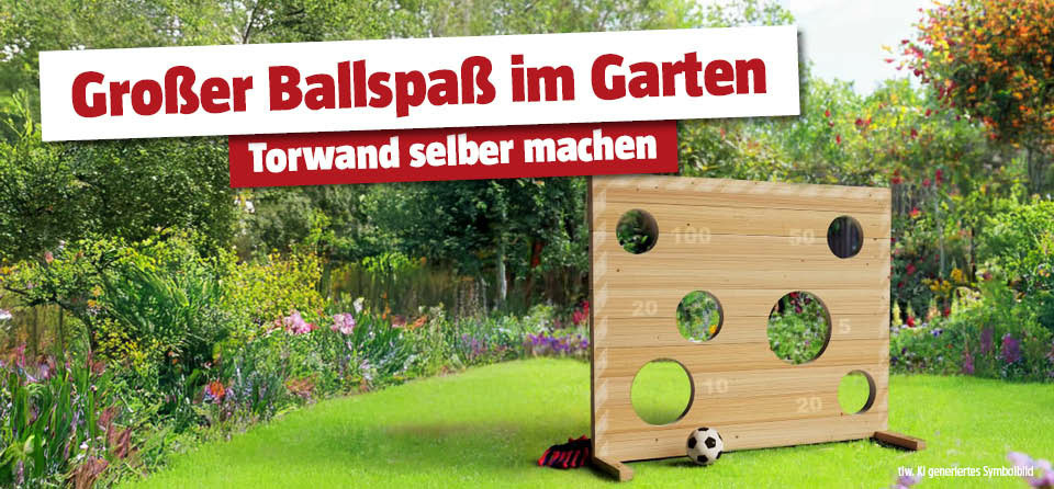 Selbstgemachte Torwand aus Holz im Garten, Titel Großer Ballspaß im Garten