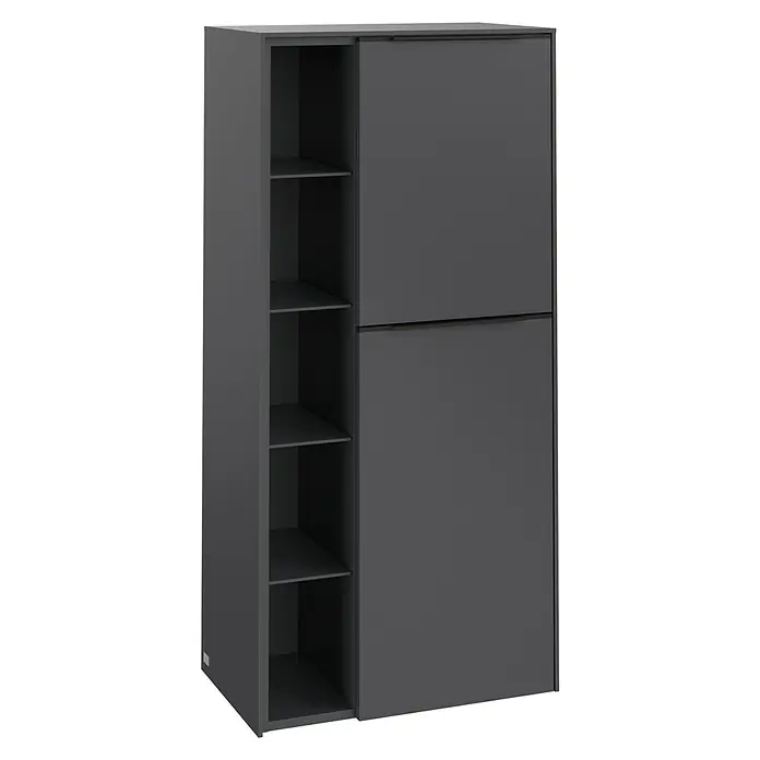 Villeroy & Boch Subway 3.0 Seitenschrank - B x T x H: 57,4 x 36,2 x 120 cm, Graphite, DIN Anschlag: Rechts, Farbe Griff: Volcano Black - Ein modernes, graues Regal mit offenen Fächern und Schiebetüren, ideal für stilvolle Aufbewahrungslösungen im Wohnbereich.
