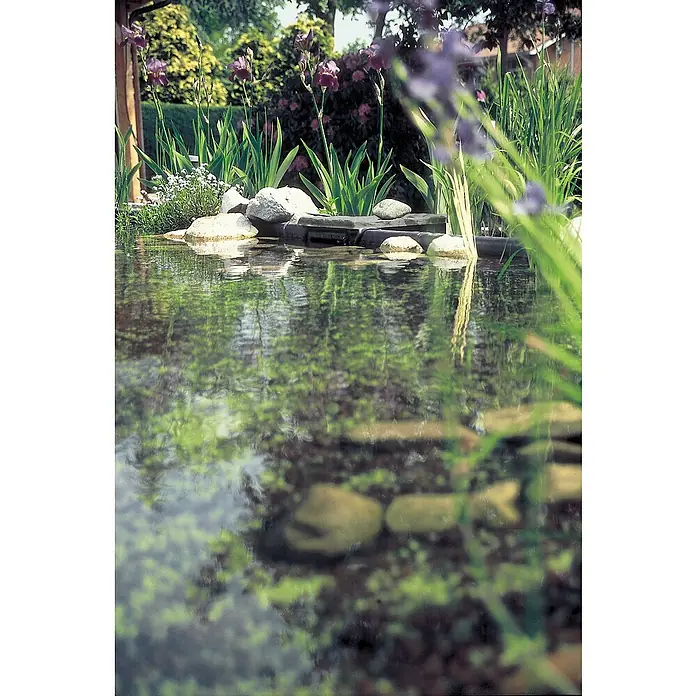 Oase Skimmer BioSys + - Fördermenge pro Std.: 6.000 l - 16.000 l - Teicheinfassung mit Steinen und Pflanzen, die sich im Wasser spiegeln. Eine friedliche Gartenoase mit üppiger Vegetation.