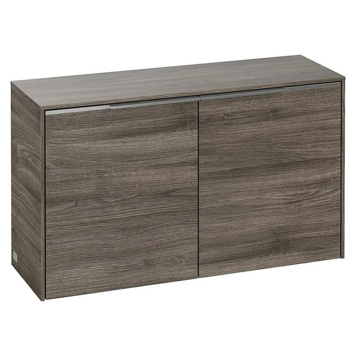 Villeroy & Boch Subway 3.0 Seitenschrank - B x T x H: 72,8 x 25,6 x 42,3 cm, Stone Oak, DIN Anschlag: Links/Rechts, Farbe Griff: Aluminium glänzend - Holzfarbener Wandschrank mit zwei Türen und silbernen Griffen für ein modernes und stilvolles Badezimmer.