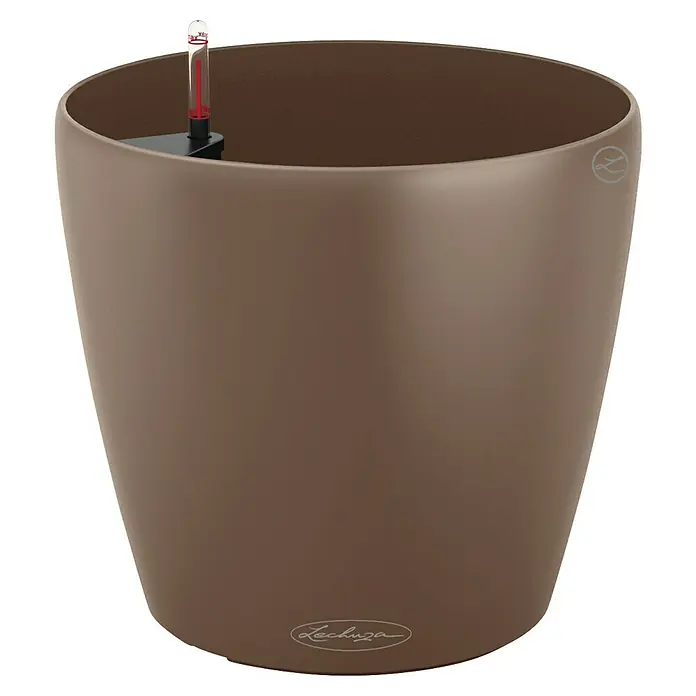 Lechuza Classico Pflanztopf Color - Außenmaß (Ø x H): 42 x 39,5 cm, Kunststoff, Muskat - Nahaufnahme eines braunen Lechuza Blumentopfs mit Wasserstandsanzeiger, ideal für Zimmerpflanzen und stilvolle Gartengestaltung.