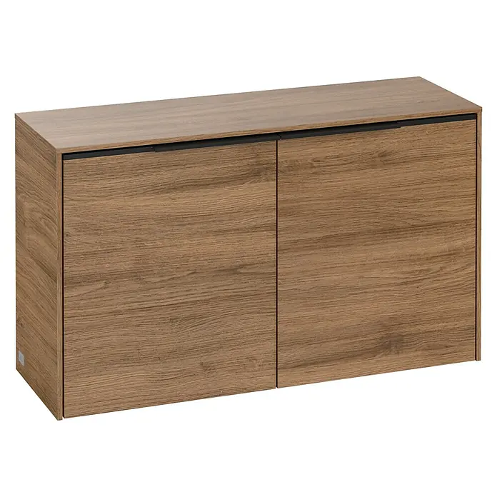 Villeroy & Boch Subway 3.0 Seitenschrank - B x T x H: 72,8 x 25,6 x 42,3 cm, Kansas Oak, DIN Anschlag: Links/Rechts, Farbe Griff: Volcano Black - Ein schicker Holzschrank mit zwei Türen und einer dunklen Leiste oben, ideal für moderne Wohnräume.