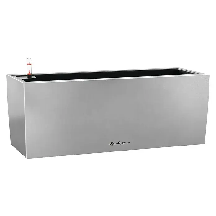 Lechuza Balkonkasten Balconera Steel - Max. Außenlänge: 50 cm, Perlgrau, Edelstahl - Ein silberner Lechuza Pflanzkasten mit Wasserspeicheranzeige. Das stilvolle Design ist ideal für Zimmer und Gärten.