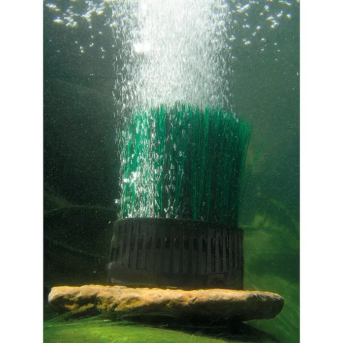 Oase Teichbelüfter-Set OxyTex Set 1000 - Fördermenge pro Std.: 1.000 l - Unterwasseraufnahme eines Teichbelüfters mit grünen Borsten, der auf einem Stein sitzt und Blasen erzeugt, die nach oben steigen.