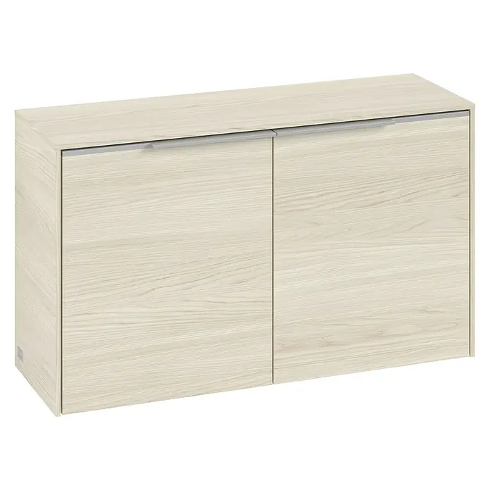 Villeroy & Boch Subway 3.0 Seitenschrank - B x T x H: 72,8 x 25,6 x 42,3 cm, White Oak, DIN Anschlag: Links/Rechts, Farbe Griff: Aluminium glänzend - Helles Holz Sideboard mit zwei Türen und schlichten silbernen Griffen. Ideal zur Aufbewahrung und als stilvolles Möbelstück.